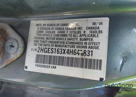 2004 Honda Civic Vp from USA, damaged, VIN 2HGES163X4H641831
